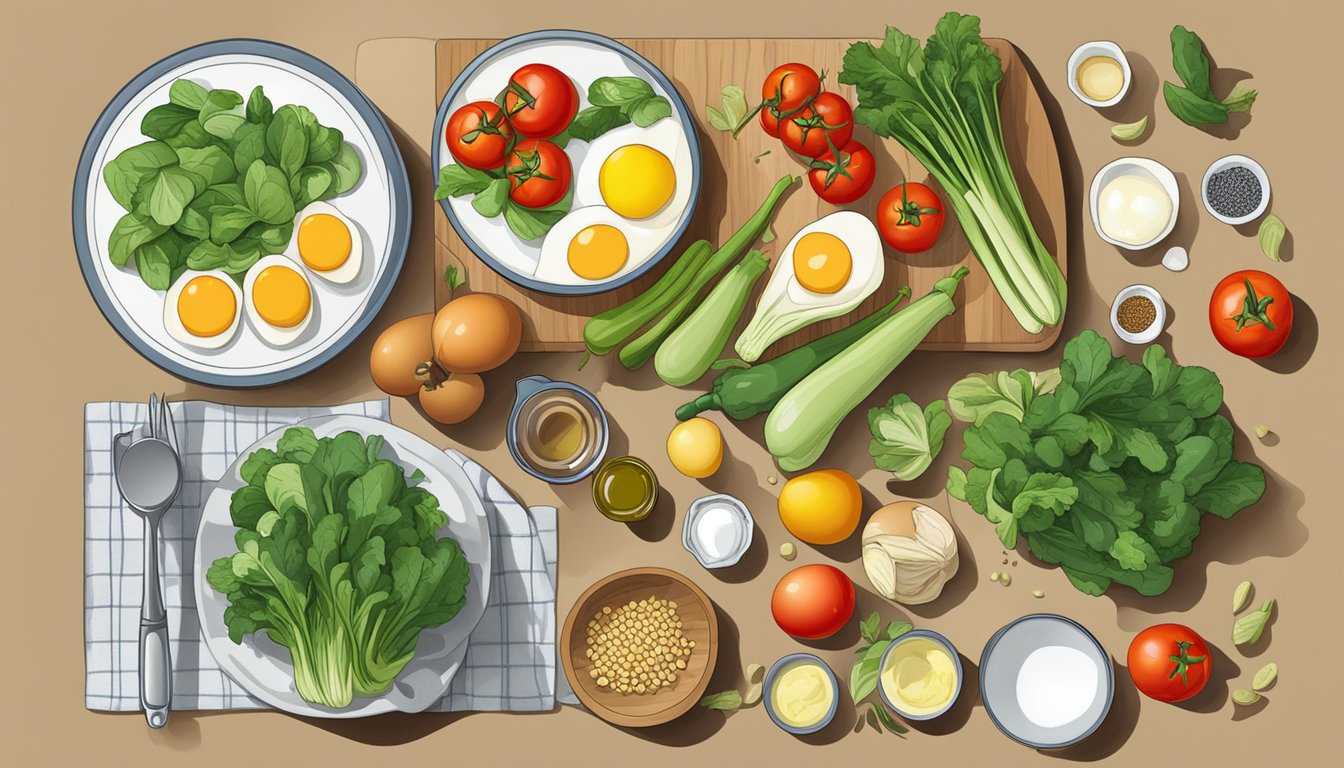 A colorful array of fresh vegetables and eggs arranged on a kitchen counter, with a bottle of olive oil and a skillet nearby