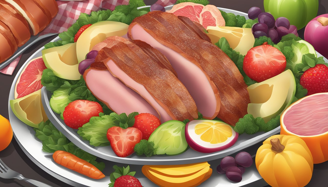 A plate with turkey bacon, chicken sausage, and lean ham, surrounded by colorful fruits and vegetables