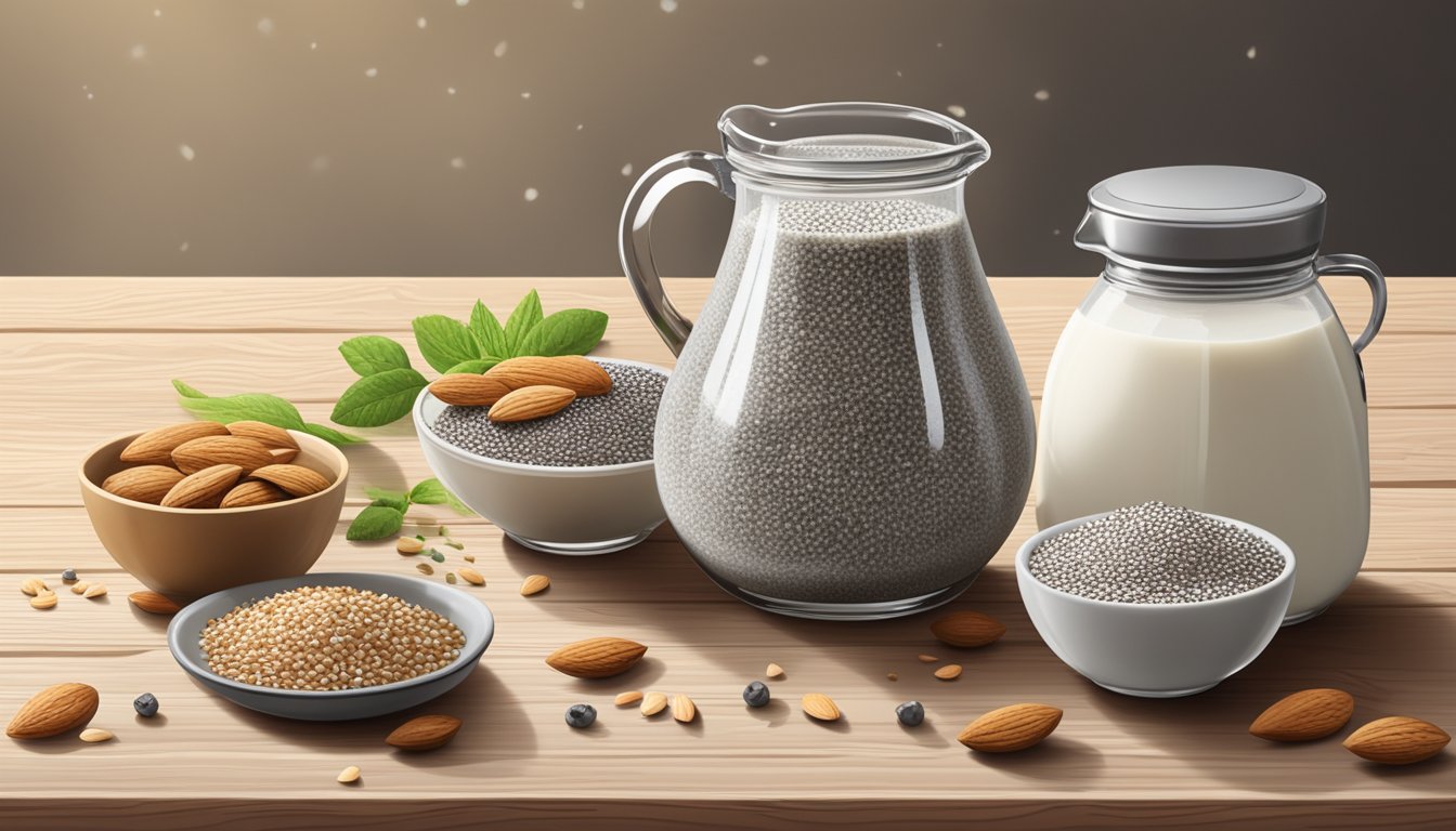 A glass bowl of chia seed pudding sits on a wooden table, surrounded by a small pitcher of almond milk and a few scattered chia seeds