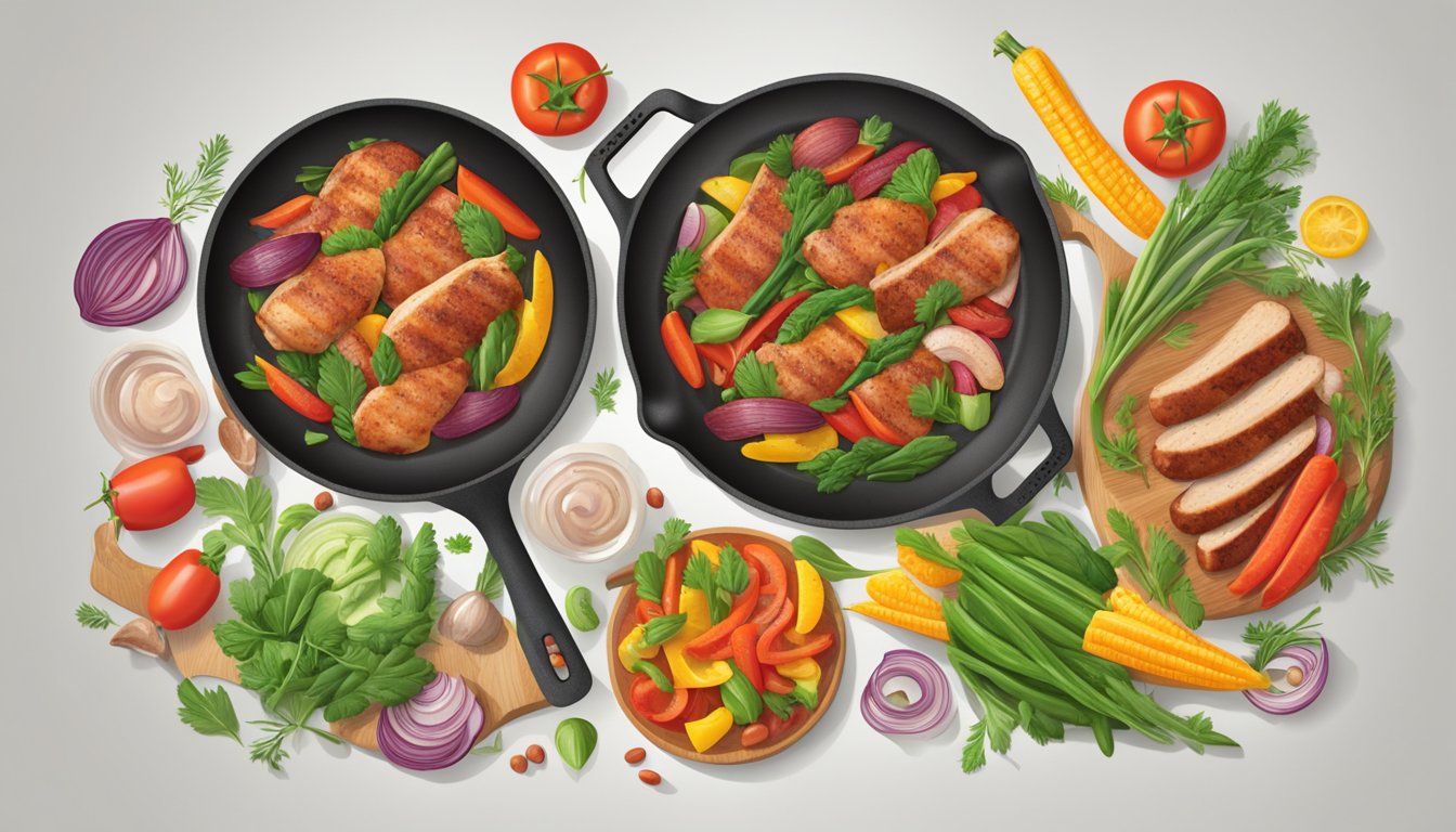 A skillet sizzling with lean turkey bacon and chicken sausage, surrounded by colorful vegetables and herbs