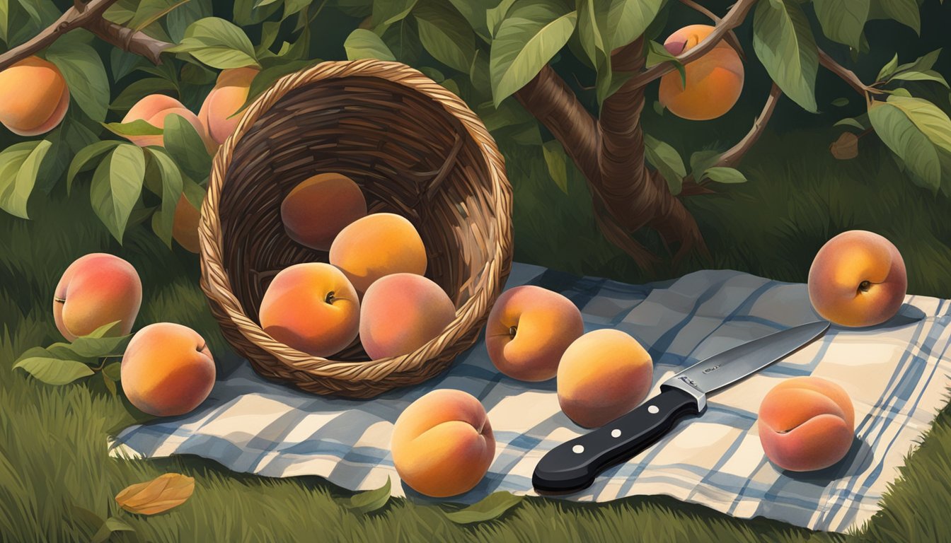 A wicker basket filled with ripe wild peaches, a small knife, and a pair of gardening gloves laid out on the ground under a peach tree