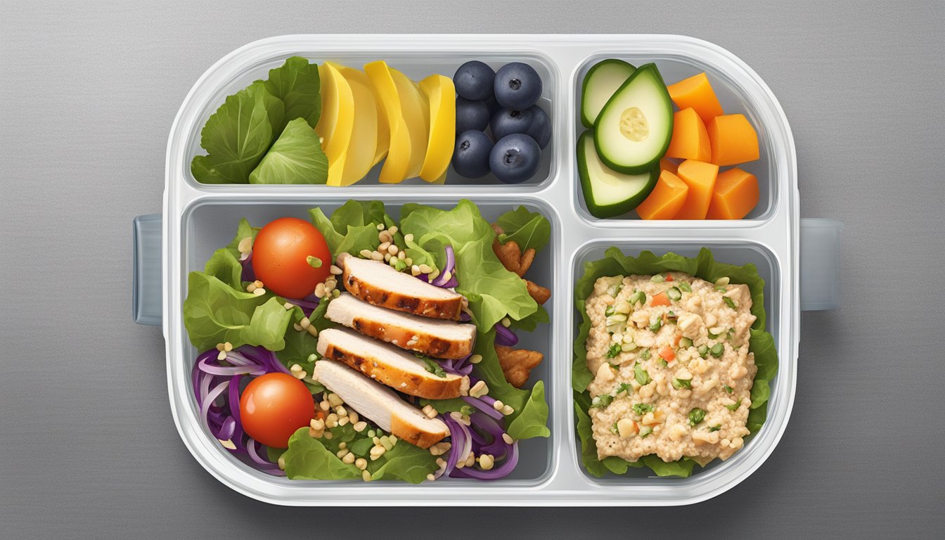 A colorful lunch box with grilled chicken salad, quinoa, and fresh vegetables, accompanied by a small container of vinaigrette dressing