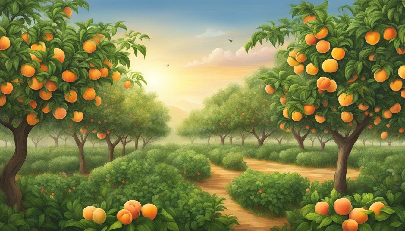 A lush peach orchard with trees heavy with ripe fruit, surrounded by a diverse array of wild plants and insects foraging and harvesting