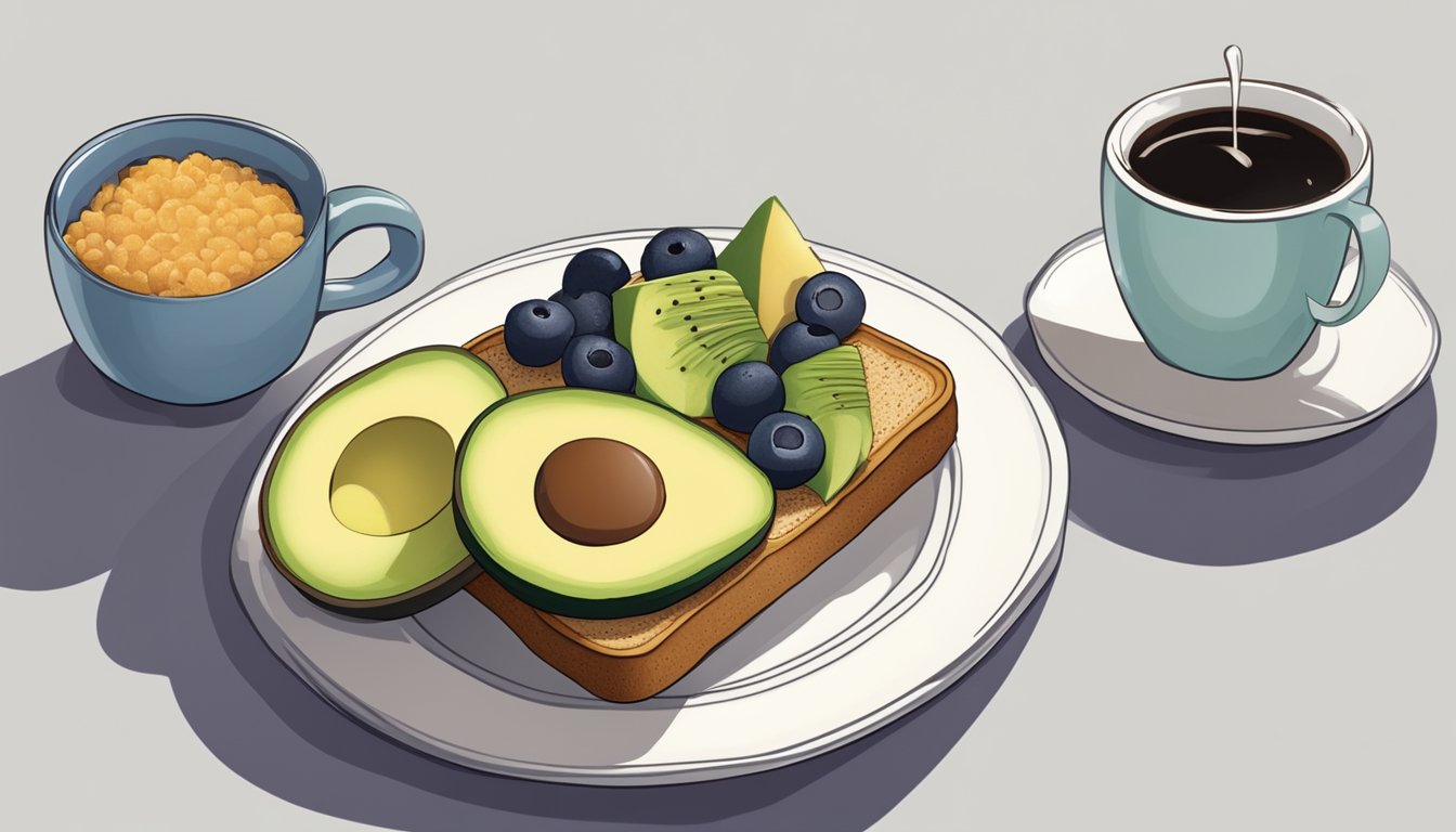 A plate of whole grain toast topped with sliced avocado, accompanied by a side of fresh fruit and a cup of black coffee