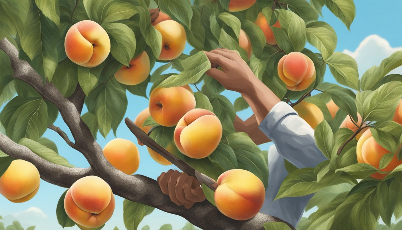 A person carefully picking ripe peaches from a wild tree, wearing gloves and using a tool to avoid damaging the fruit or harming themselves