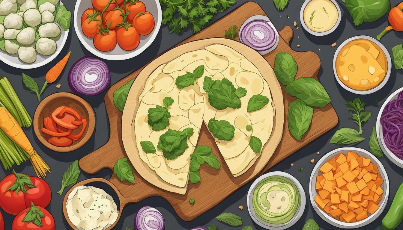 A colorful array of fresh vegetables and herbs spread out on a wooden cutting board, alongside a bowl of vegan cheese and a rolled-out pizza dough, ready to be braided and baked