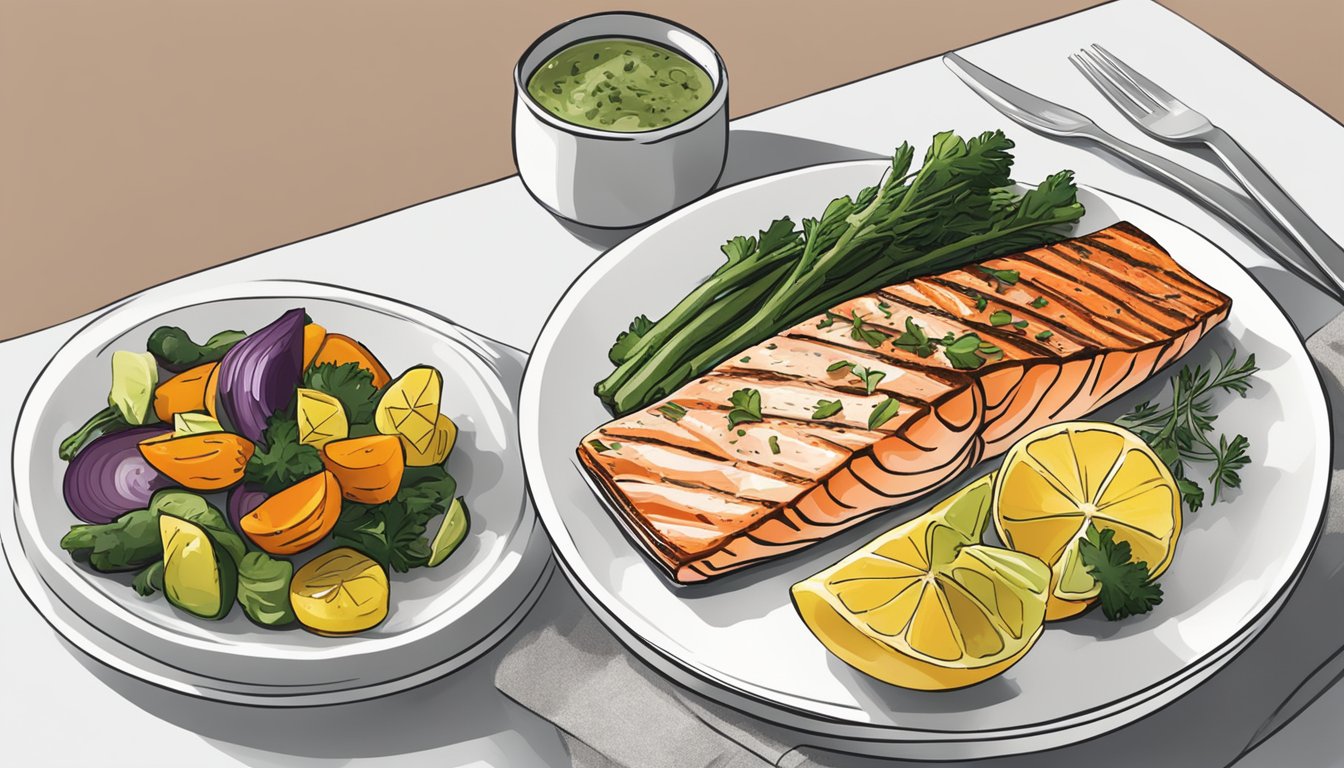 A plate of grilled lemon herb salmon with a side of colorful roasted vegetables, set on a stylish, modern dinner table