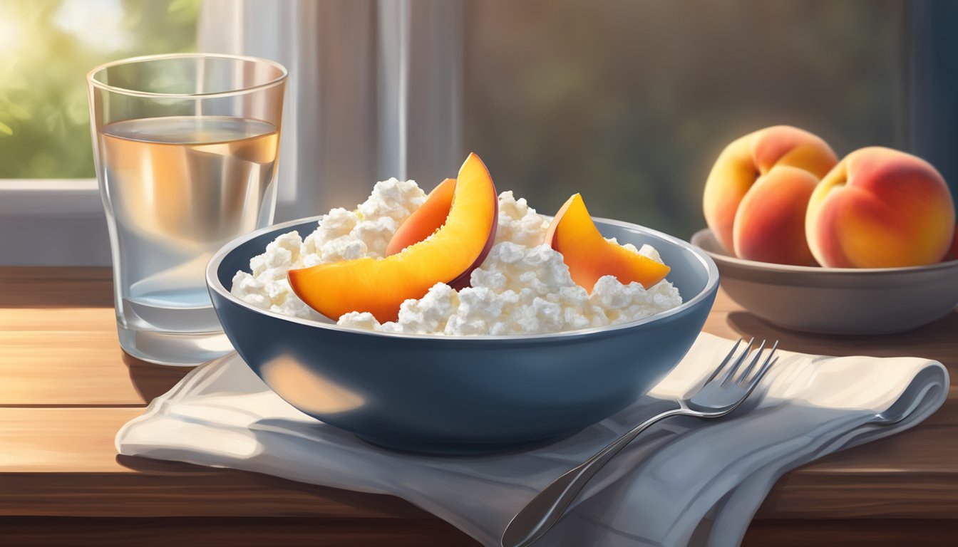 A bowl of cottage cheese topped with sliced peaches, accompanied by a glass of water and a napkin, sits on a wooden table in the morning sunlight