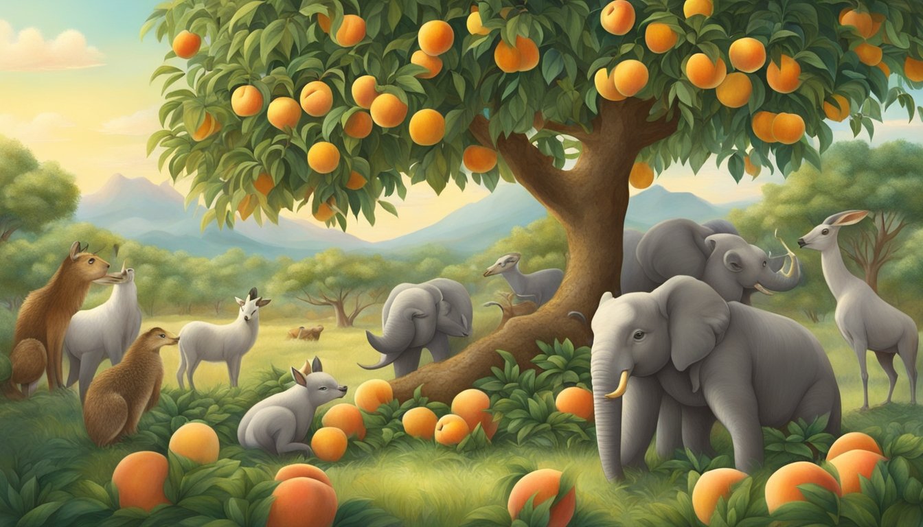 A group of animals gather around a lush peach tree, plucking ripe fruit from the branches and enjoying the bounty of nature