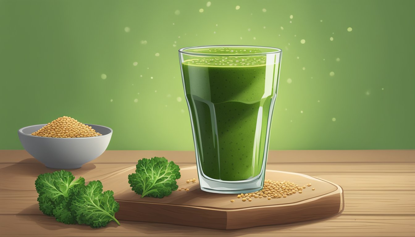 A glass filled with a green smoothie topped with flaxseeds, surrounded by fresh kale leaves and a scattering of flaxseeds on a wooden table