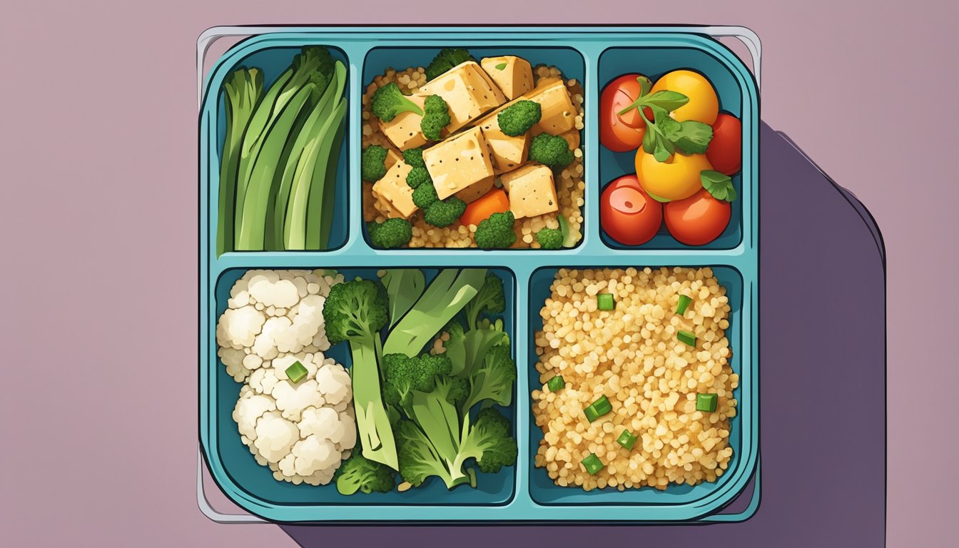 A colorful lunch box filled with cauliflower rice stir-fry, tofu, and fresh vegetables, balanced and suitable for managing blood sugar levels