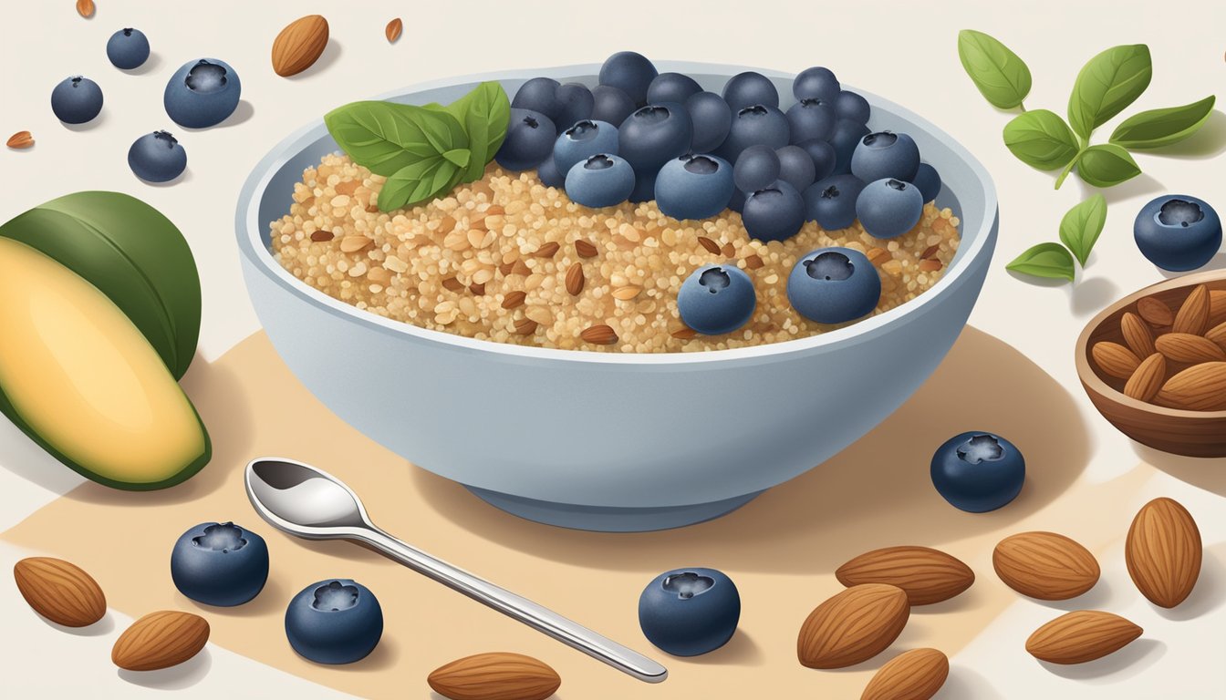 A quinoa bowl topped with almonds and blueberries, surrounded by fresh ingredients and a blood sugar monitor