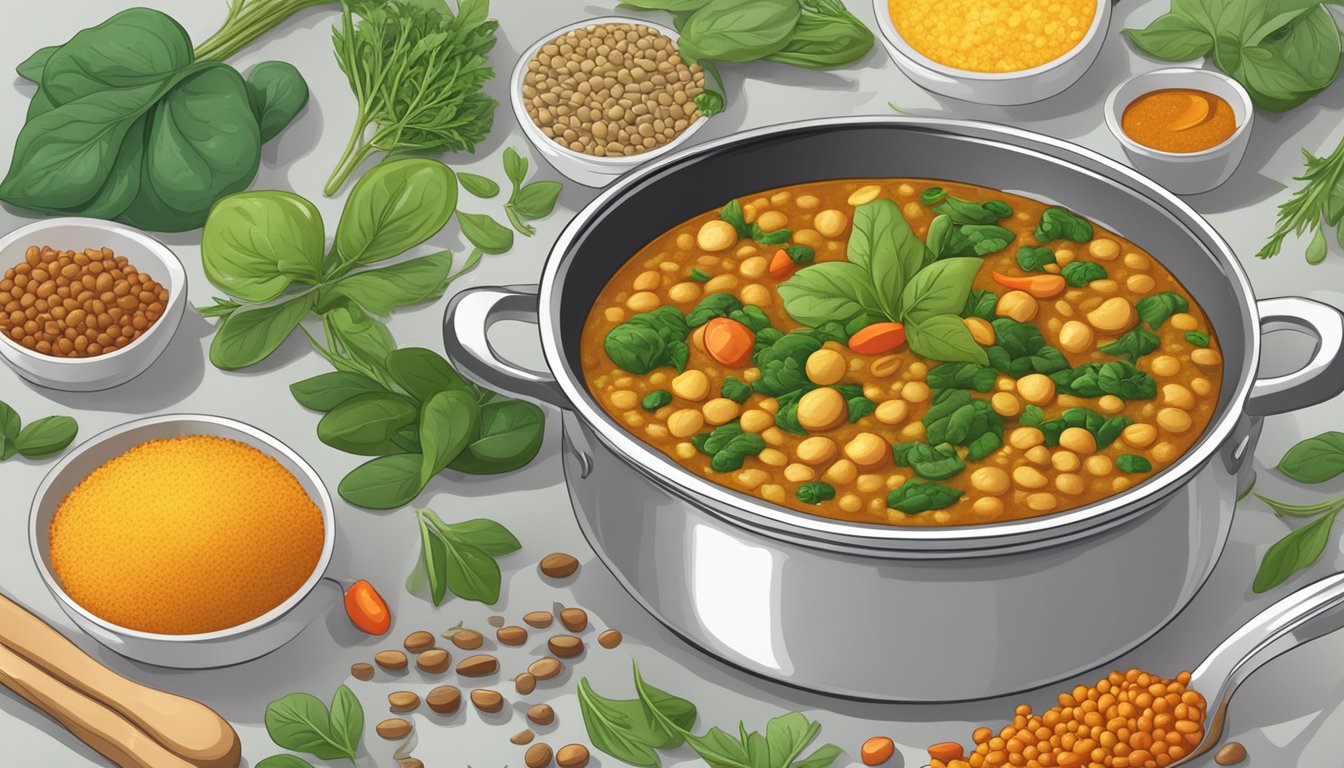 A simmering pot of lentil and spinach curry with a variety of colorful spices and herbs, emitting a fragrant aroma