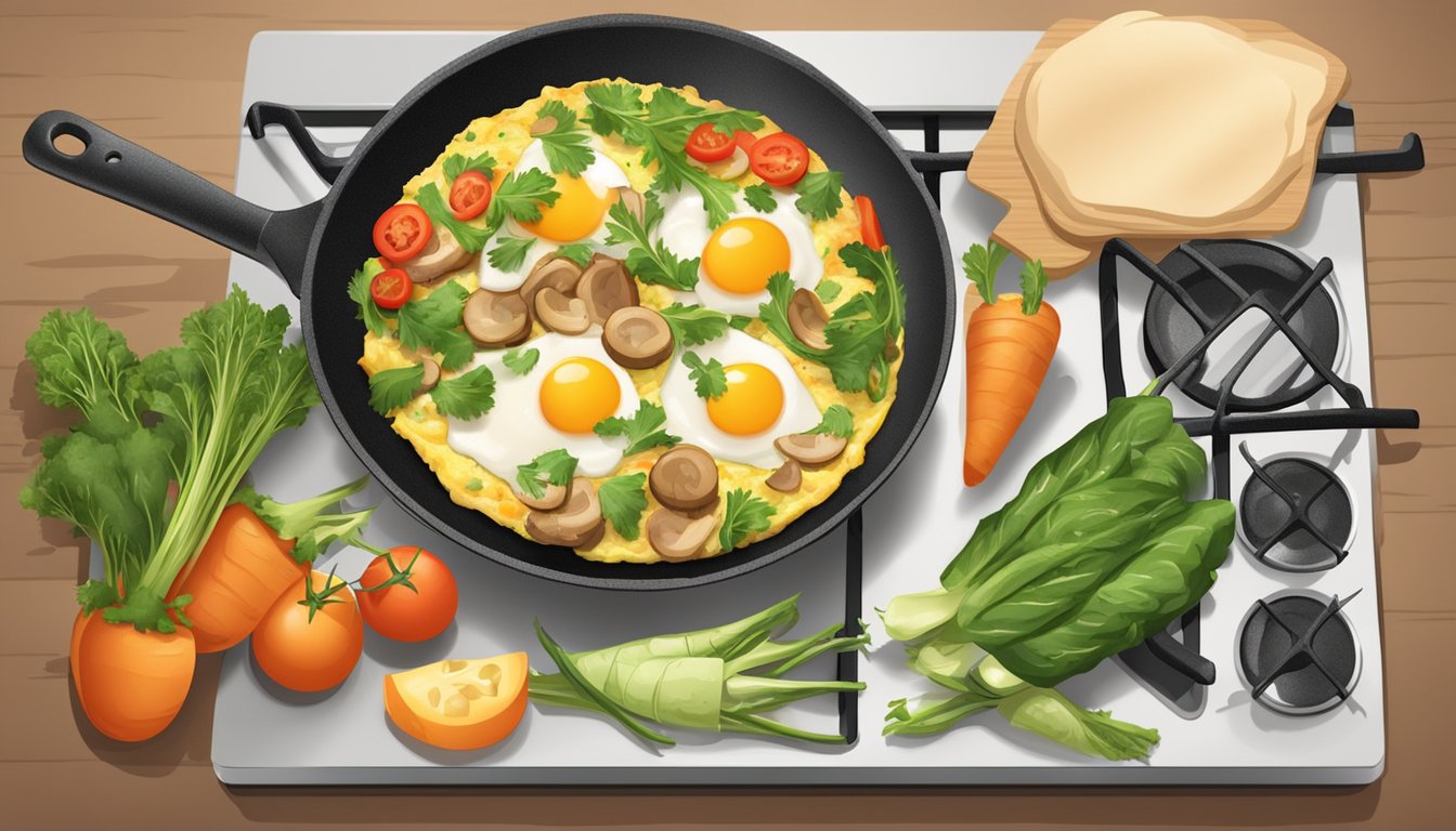 A sizzling vegetable omelette with mushrooms cooking on a non-stick skillet over a gas stove, surrounded by fresh vegetables and a carton of eggs