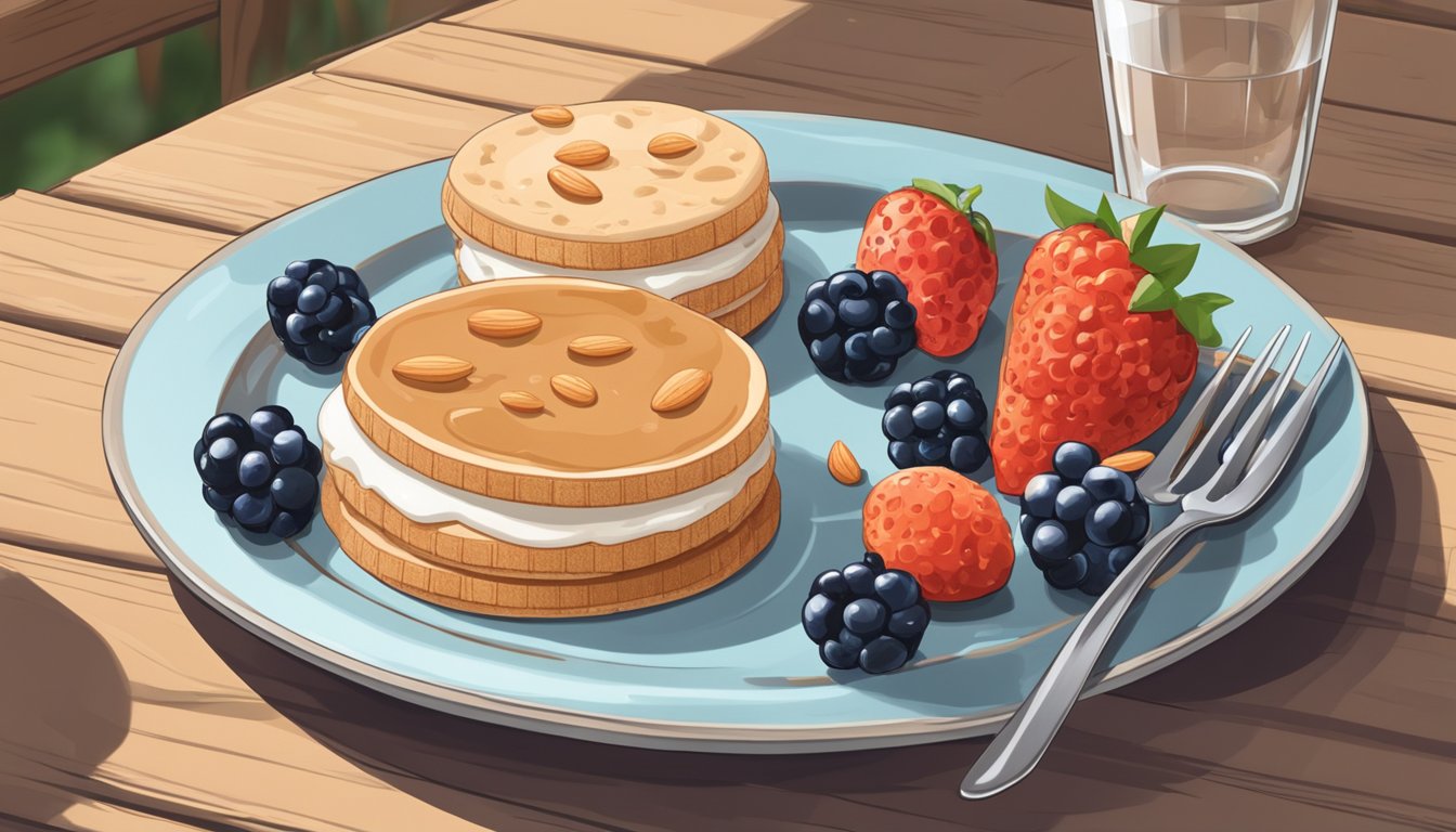 A plate with two rice cakes topped with almond butter, surrounded by fresh berries and a glass of water on a wooden table