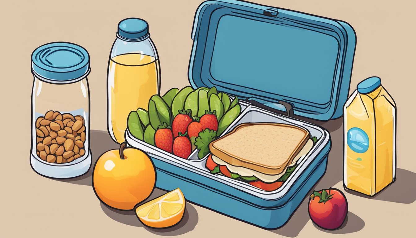 A colorful lunch box with a whole wheat turkey and hummus sandwich, alongside fresh fruits and vegetables, a bottle of water, and a small container of nuts