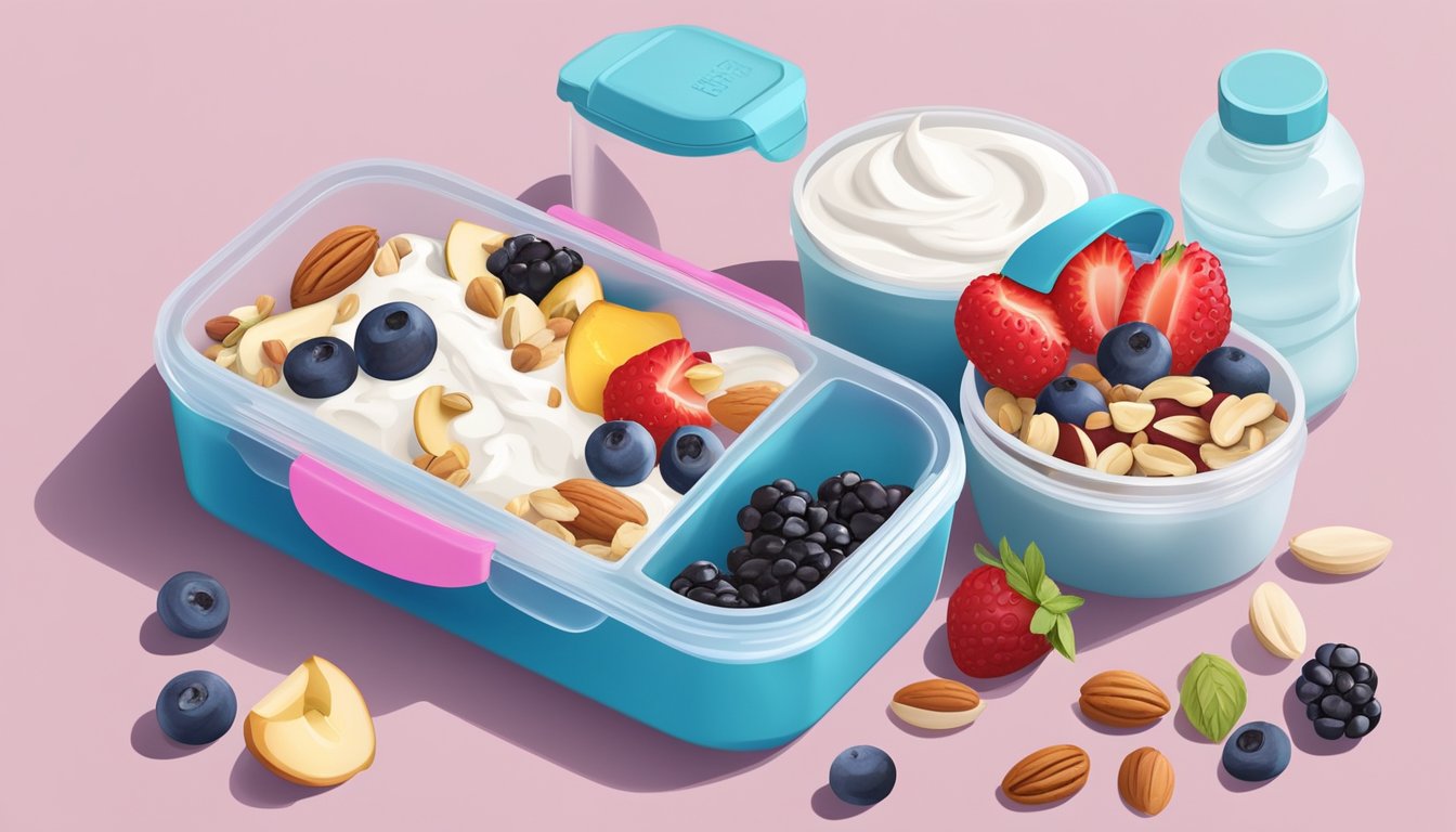 A colorful lunch box with Greek yogurt topped with fresh berries and nuts, surrounded by a small container of mixed nuts and a bottle of water