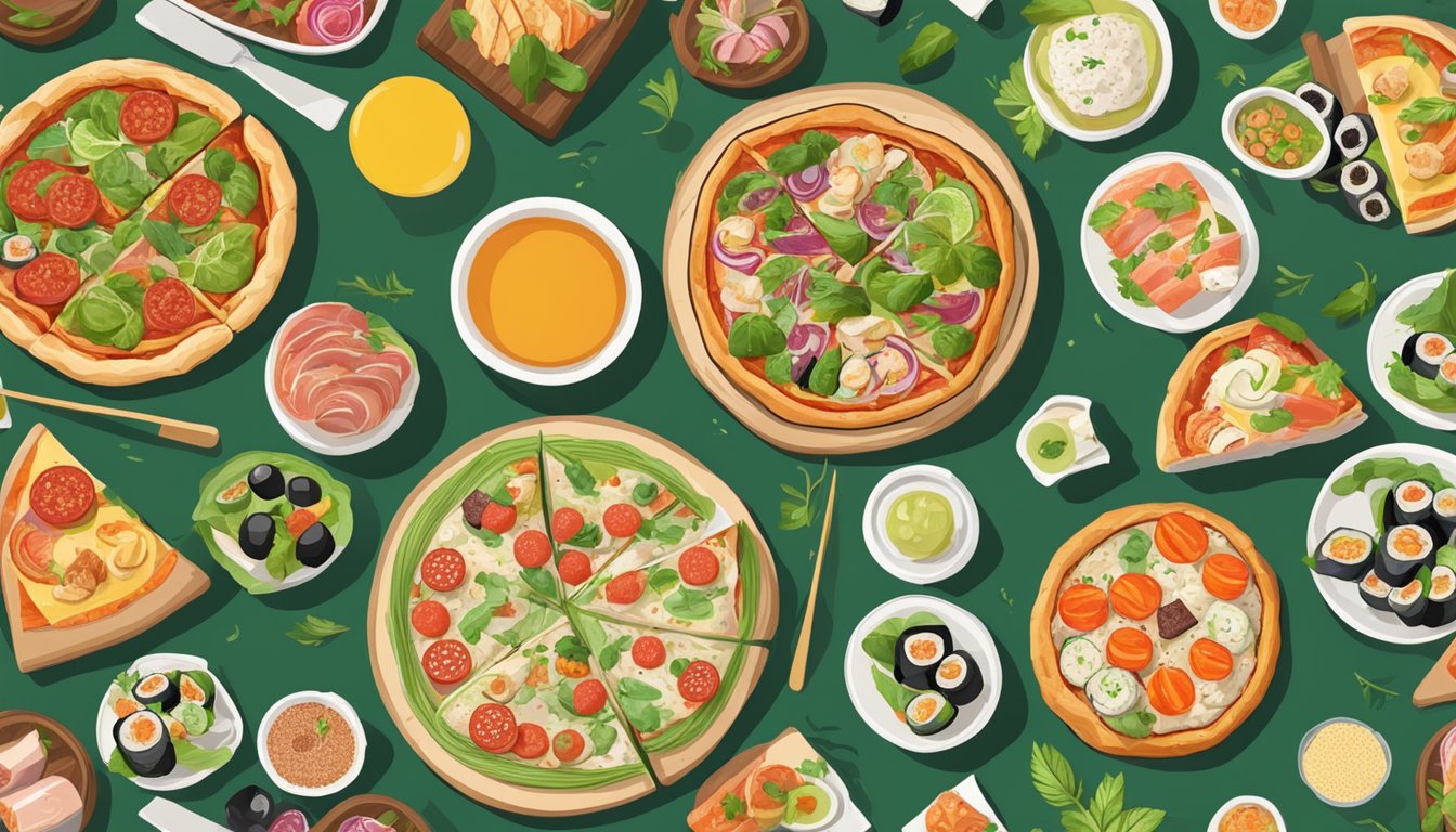 A table with a pizza, sushi, and vegan dishes