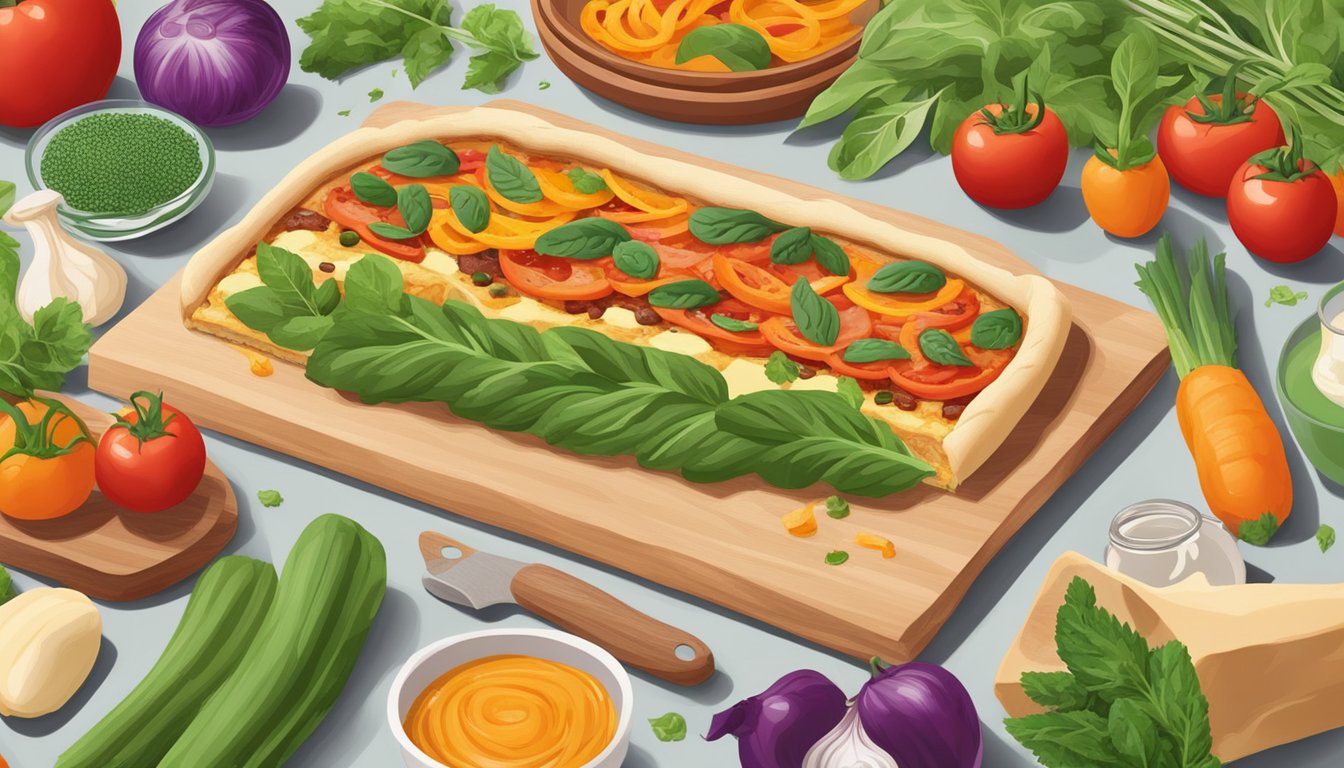 A vegan pizza braid recipe being prepared with plant-based ingredients and alternative dairy products, with a focus on colorful vegetables and herbs