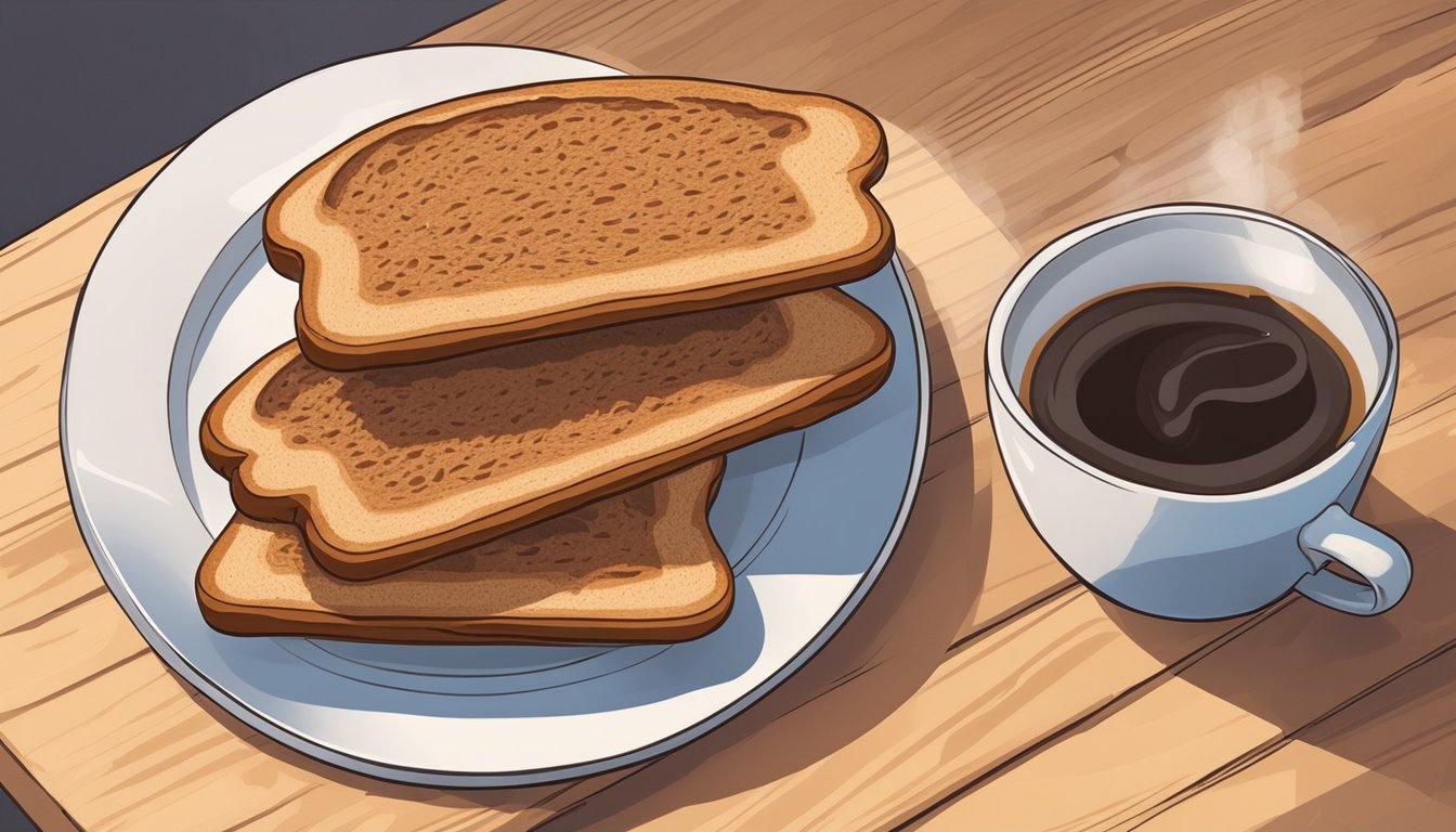 A plate of whole wheat toast with almond butter, accompanied by a steaming cup of coffee, sits on a wooden breakfast table