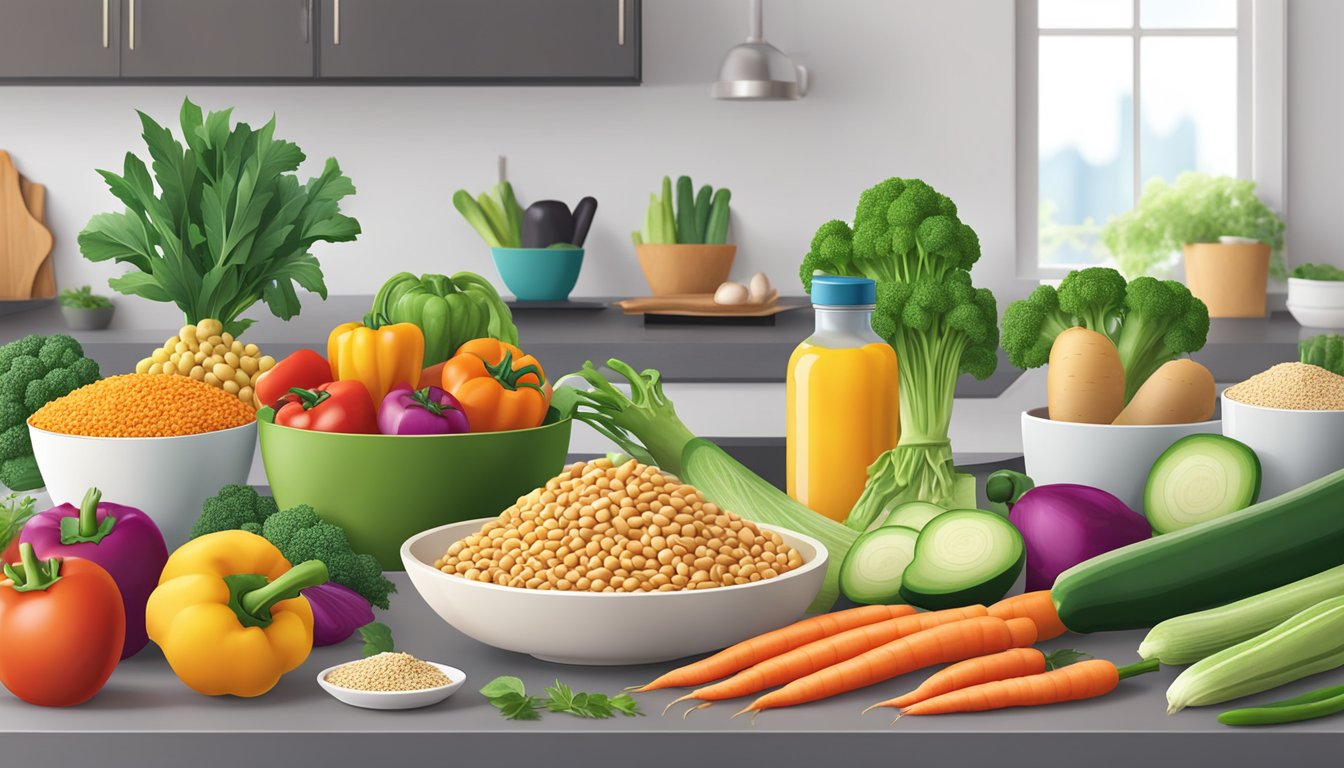 A colorful array of fresh vegetables, lean proteins, and whole grains arranged on a clean, modern kitchen counter