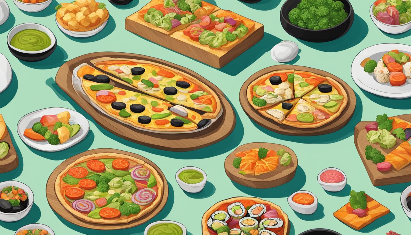 A table set with a colorful array of vegan pizza and sushi