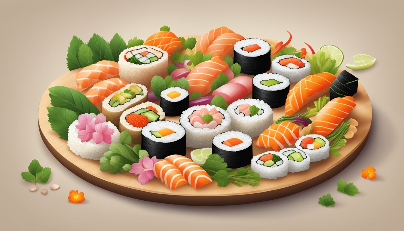 A colorful array of sushi toppings arranged in a circular pattern on a thin, crispy crust, with vibrant vegetables and herbs scattered throughout