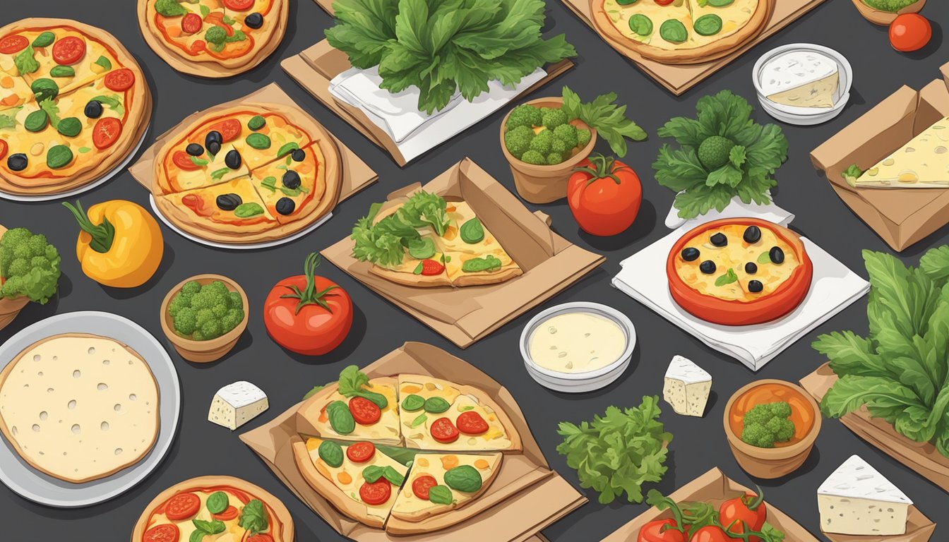 A table with various vegan pizza boxes, fresh vegetables, and plant-based cheese