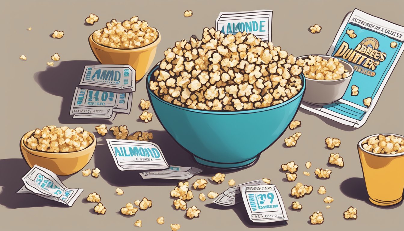 A bowl of almond butter popcorn surrounded by cinema tickets and a diabetes-friendly snack guide