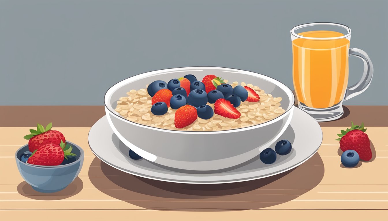 A bowl of oatmeal topped with almonds, walnuts, and fresh strawberries, blueberries, and raspberries. A glass of orange juice and a steaming mug of coffee sit beside the bowl