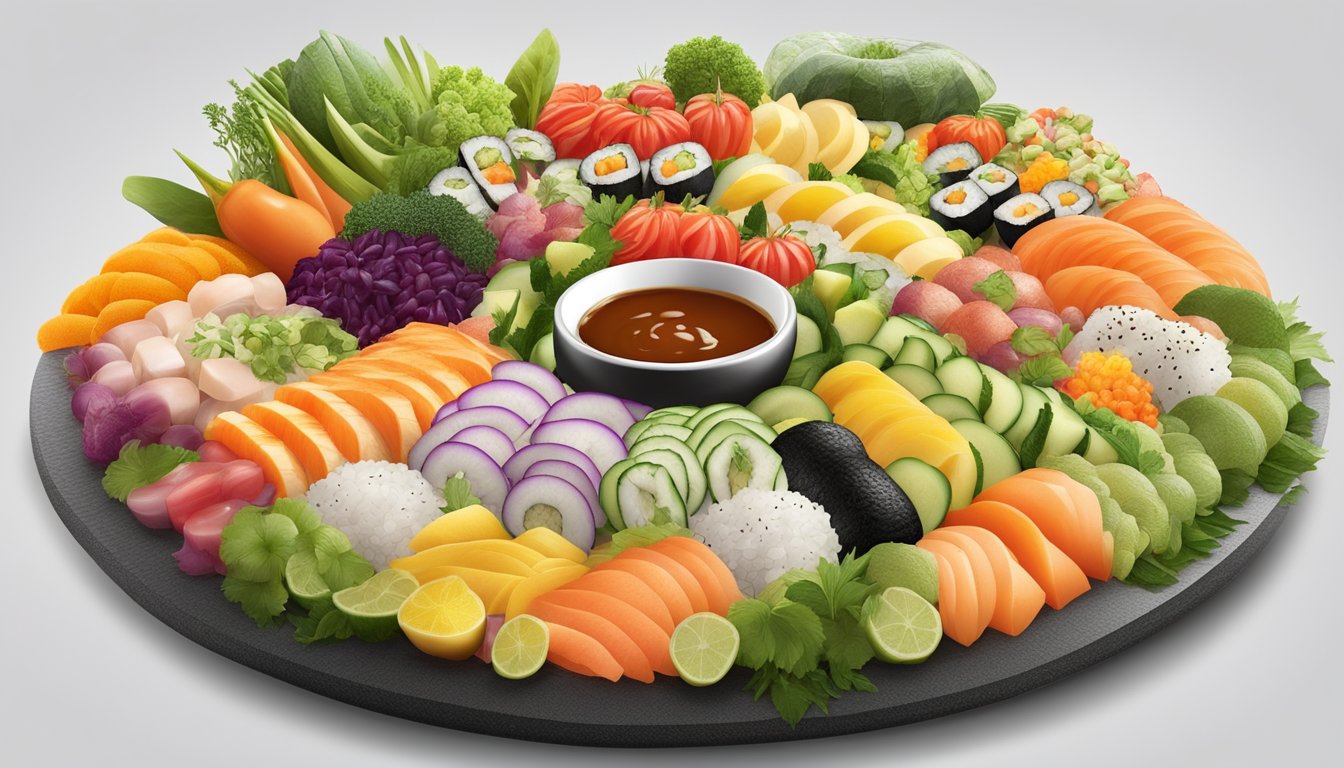 A colorful assortment of fresh vegetables, herbs, and exotic fruits arranged around a circular bed of sushi rice, with a variety of vegan-friendly sauces and seasonings drizzled over the top