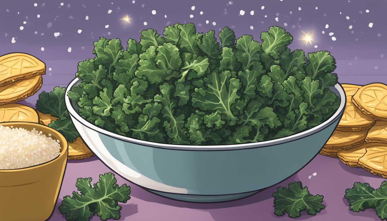 A bowl of crispy kale chips sprinkled with sea salt on a movie theater snack counter