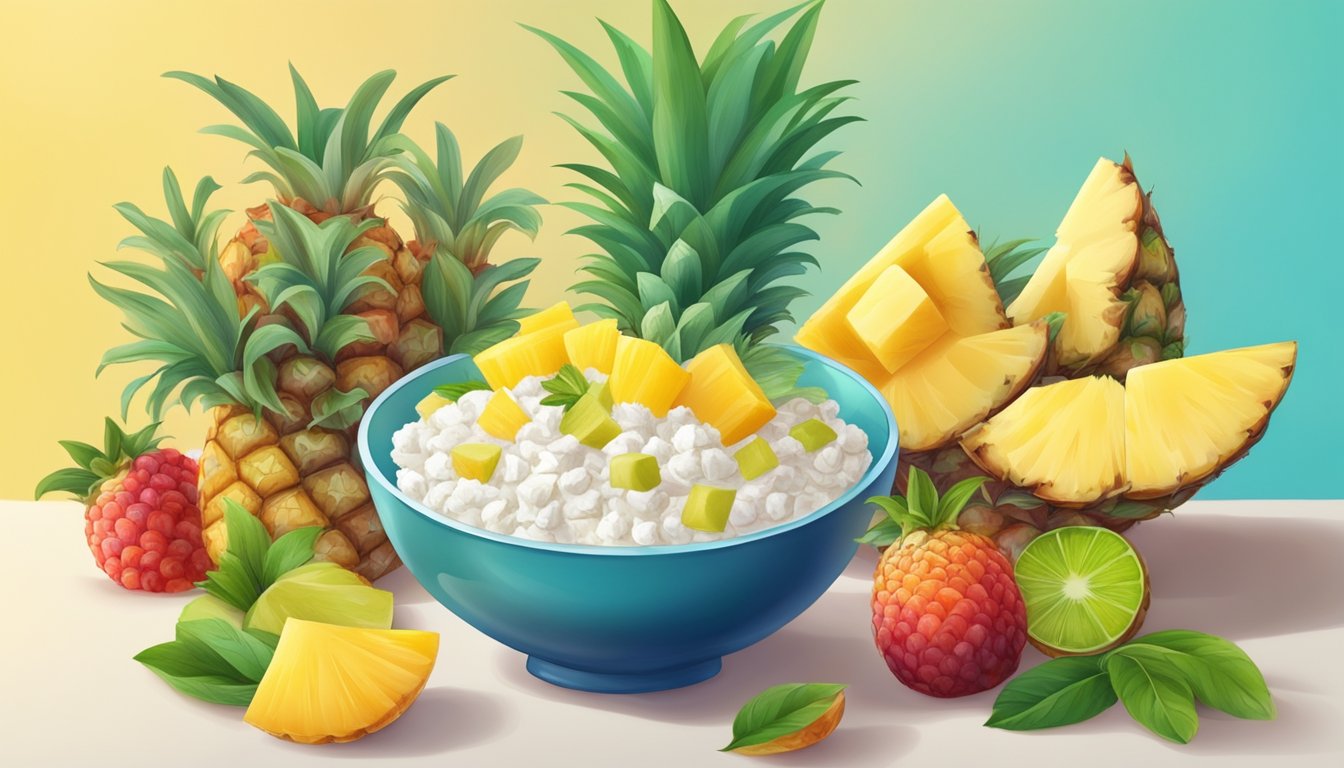 A bowl of cottage cheese topped with pineapple slices, surrounded by a colorful array of fresh fruits and a steaming cup of herbal tea