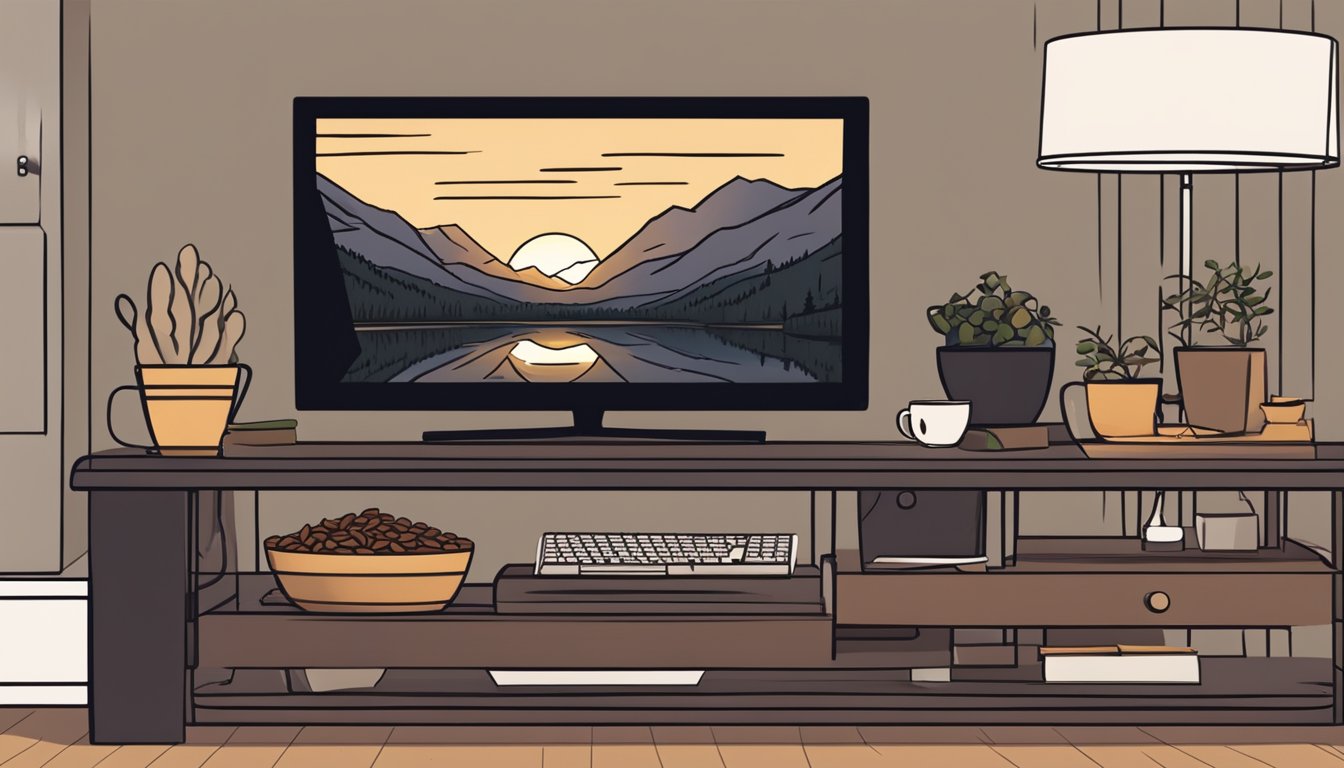 A bowl of dark chocolate covered almonds sits next to a remote on a cozy movie night setup