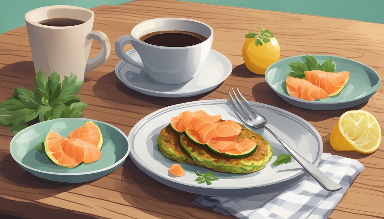 A plate of zucchini fritters topped with smoked salmon, accompanied by a side of fresh fruit and a cup of hot coffee, sits on a wooden breakfast table