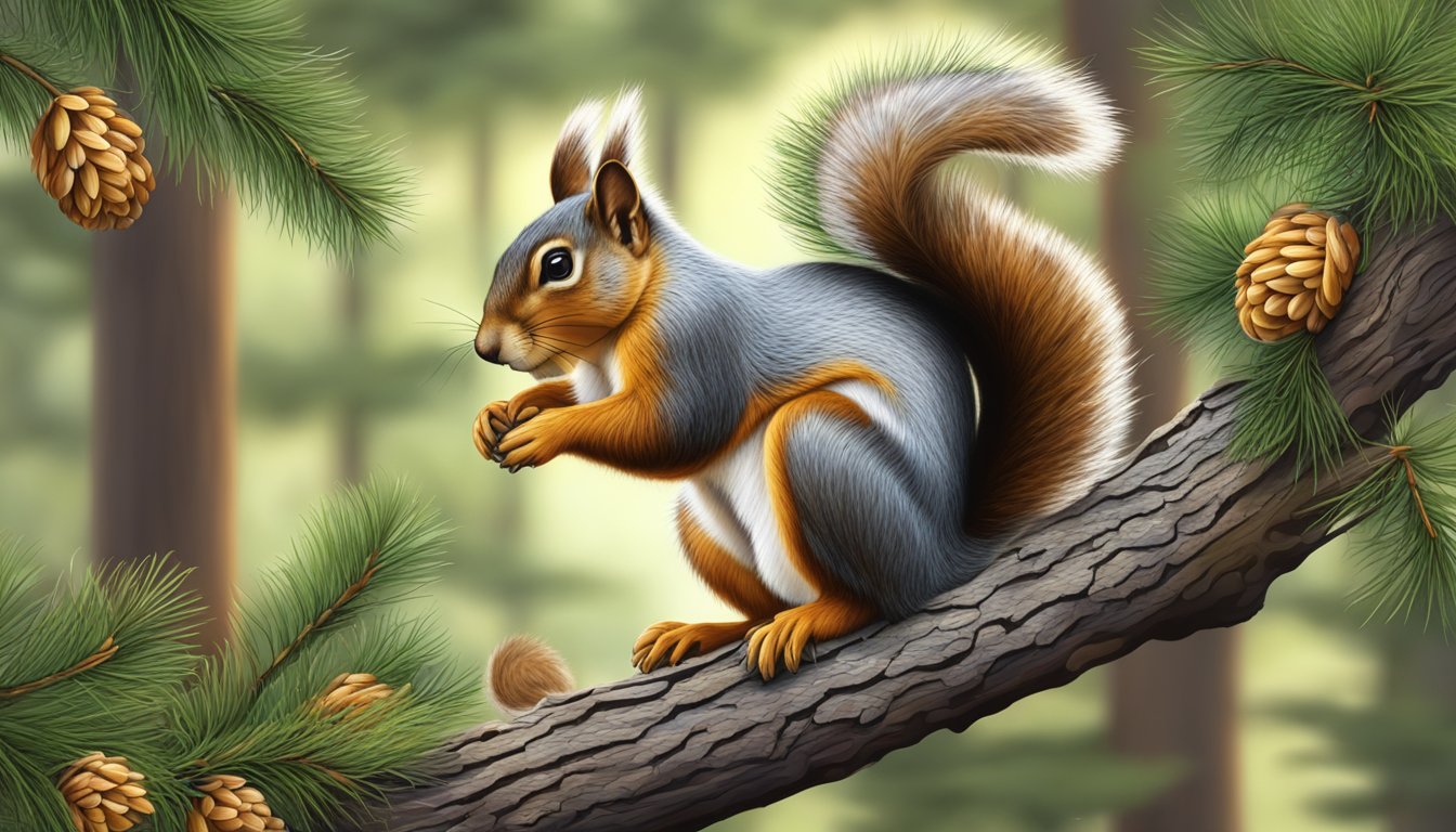 A squirrel gathering pine nuts from a pine tree in a forest clearing