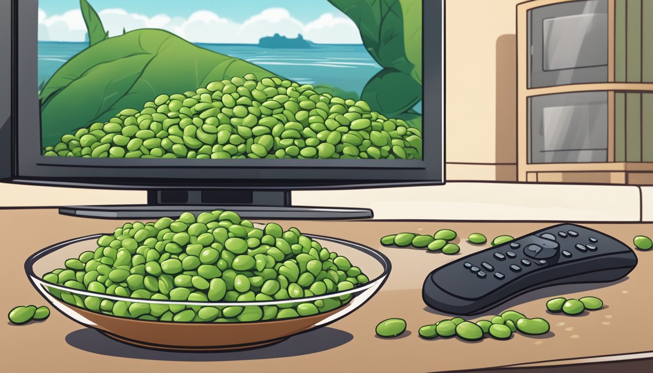 A bowl of edamame with a sprinkling of sea salt sits on a table next to a remote control and a TV screen showing a movie