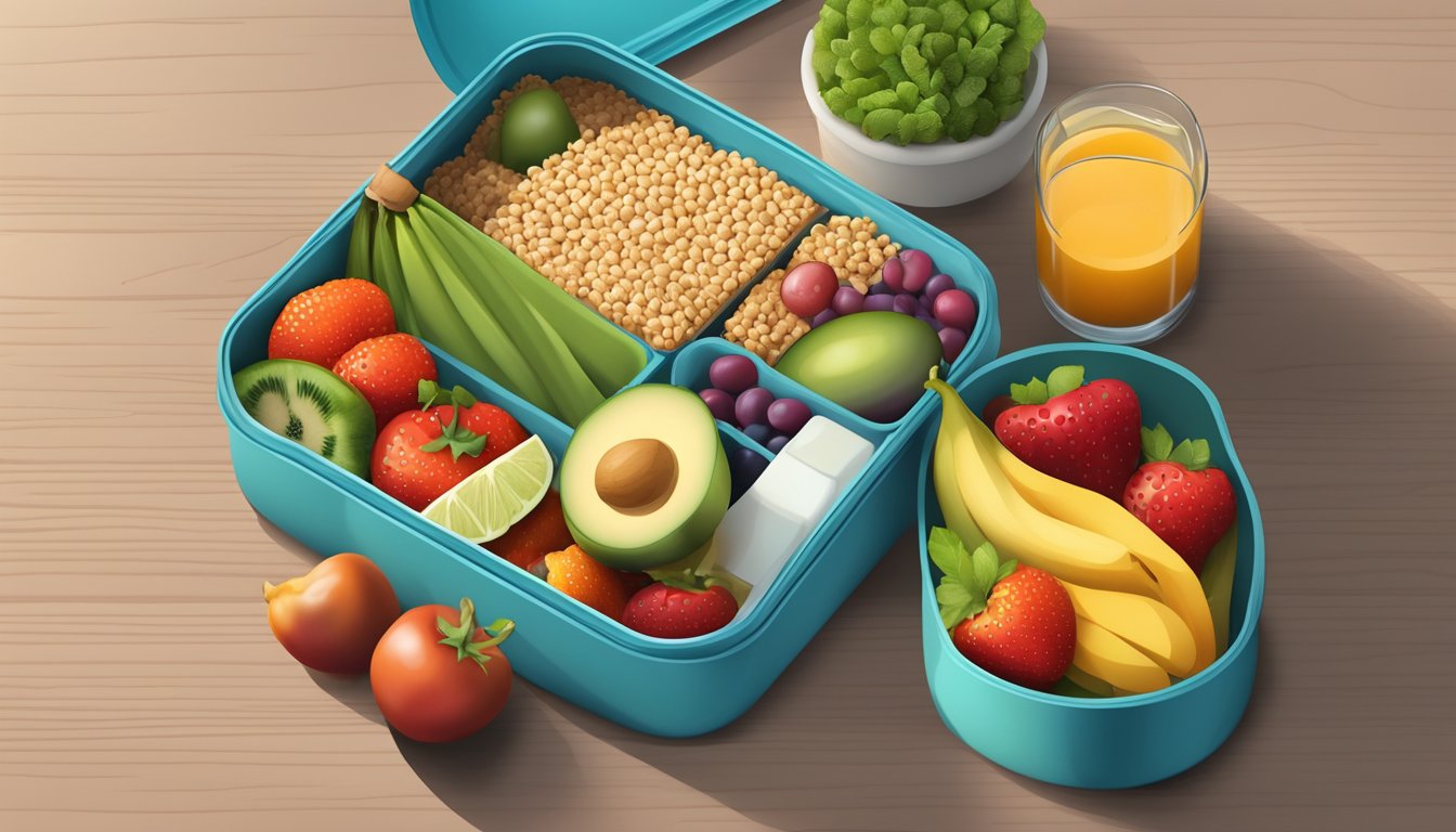 A lunch box filled with colorful, fresh fruits, vegetables, lean proteins, and whole grains, with a focus on portion control and balanced nutrients for stable blood sugar levels