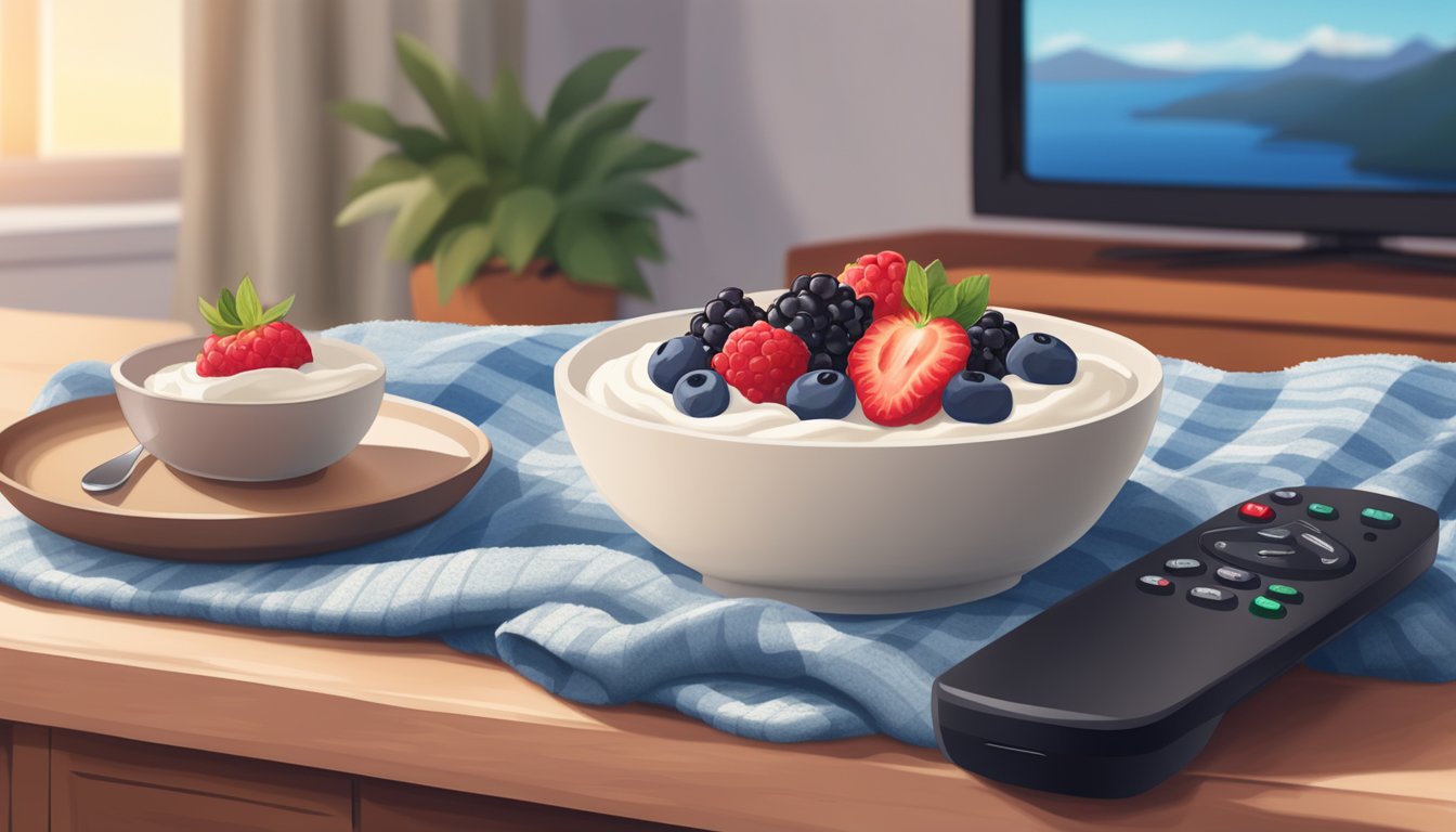 A bowl of Greek yogurt topped with fresh berries sits on a small table next to a TV remote and a cozy blanket