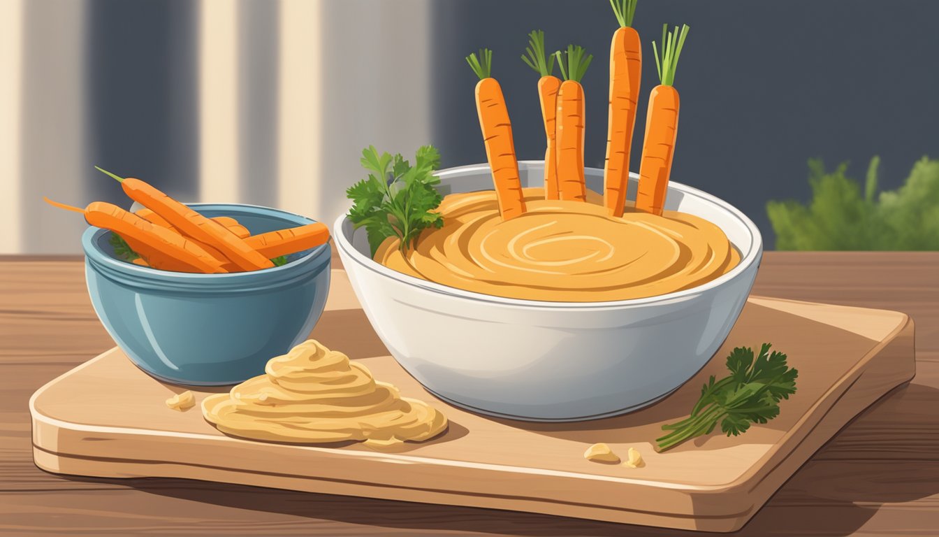 A small bowl of carrot sticks surrounded by a dollop of hummus on a wooden cutting board, with a movie playing in the background