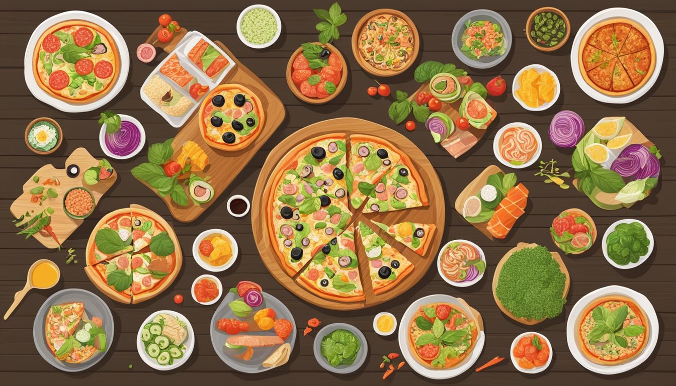 A colorful array of pizza, sushi, and vegan dishes arranged on a wooden table, surrounded by vibrant ingredients and decorative plates