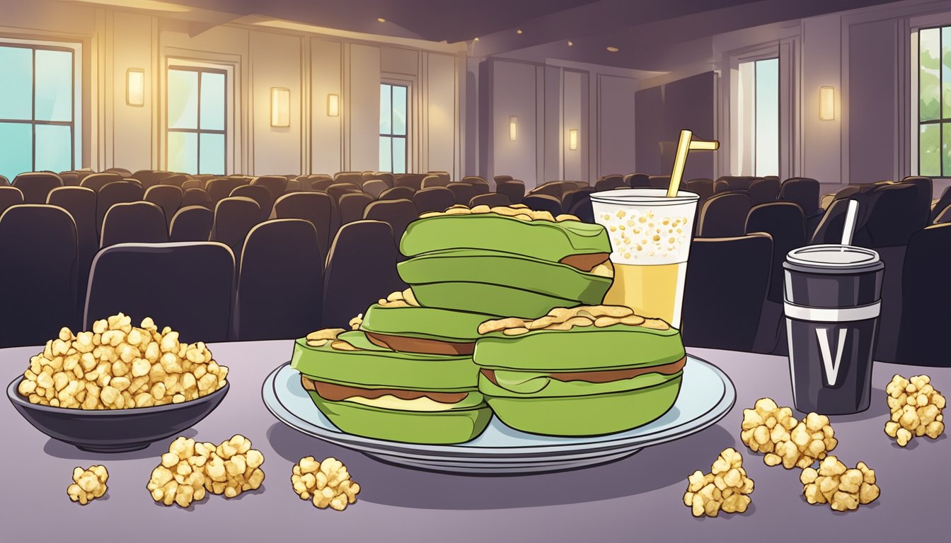 A plate of avocado toast bites surrounded by popcorn and a drink on a cinema seat