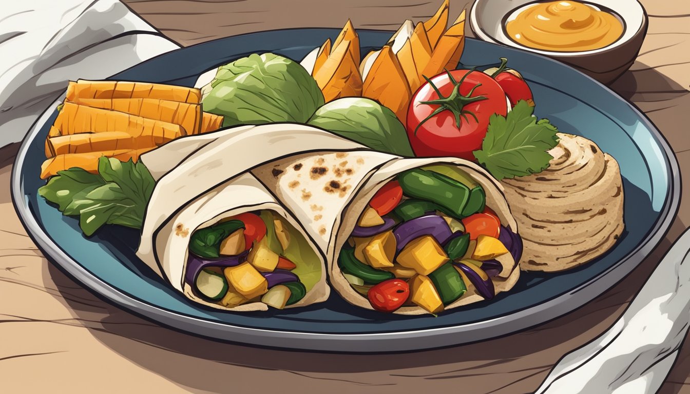 A colorful assortment of grilled vegetables and a dollop of hummus wrapped in a whole grain tortilla, served on a plate