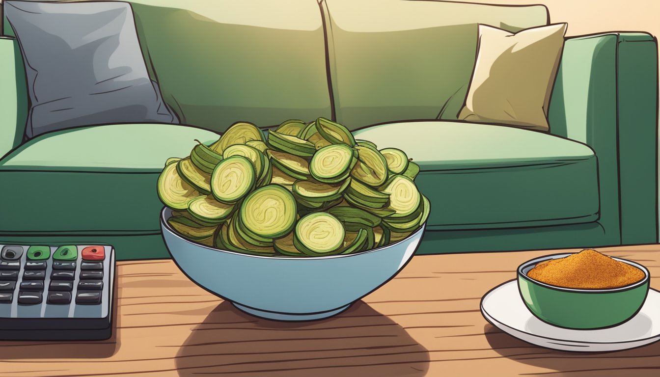 A bowl of zucchini chips sprinkled with chili powder sits next to a remote on a cozy couch, ready for a movie night