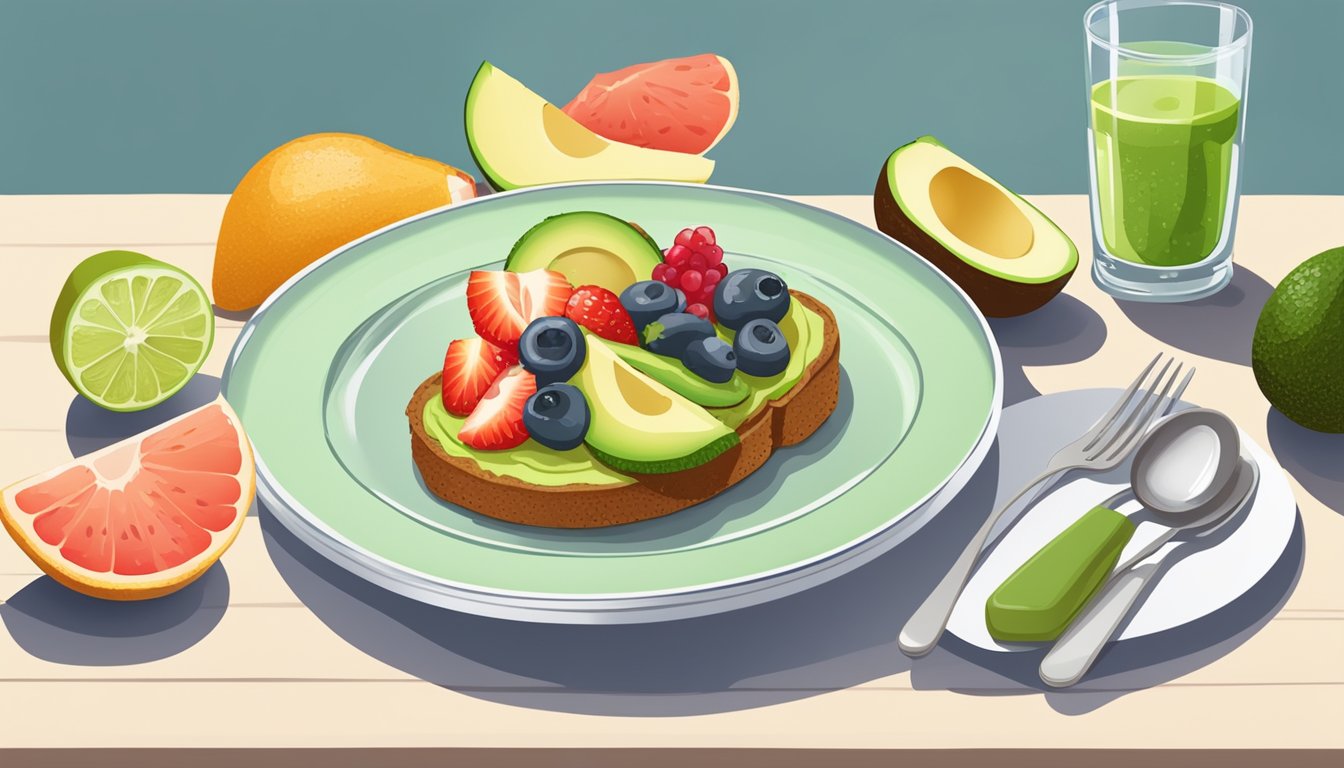 A plate with whole grain avocado toast, surrounded by fresh fruits and a glass of water on a table