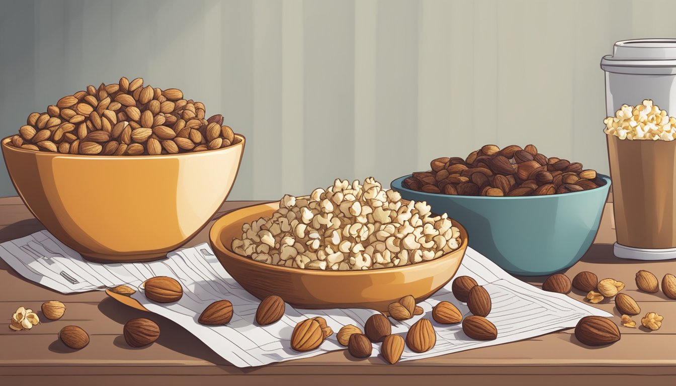 A bowl of nuts, seeds, and dried fruit sits on a table next to a movie ticket and popcorn