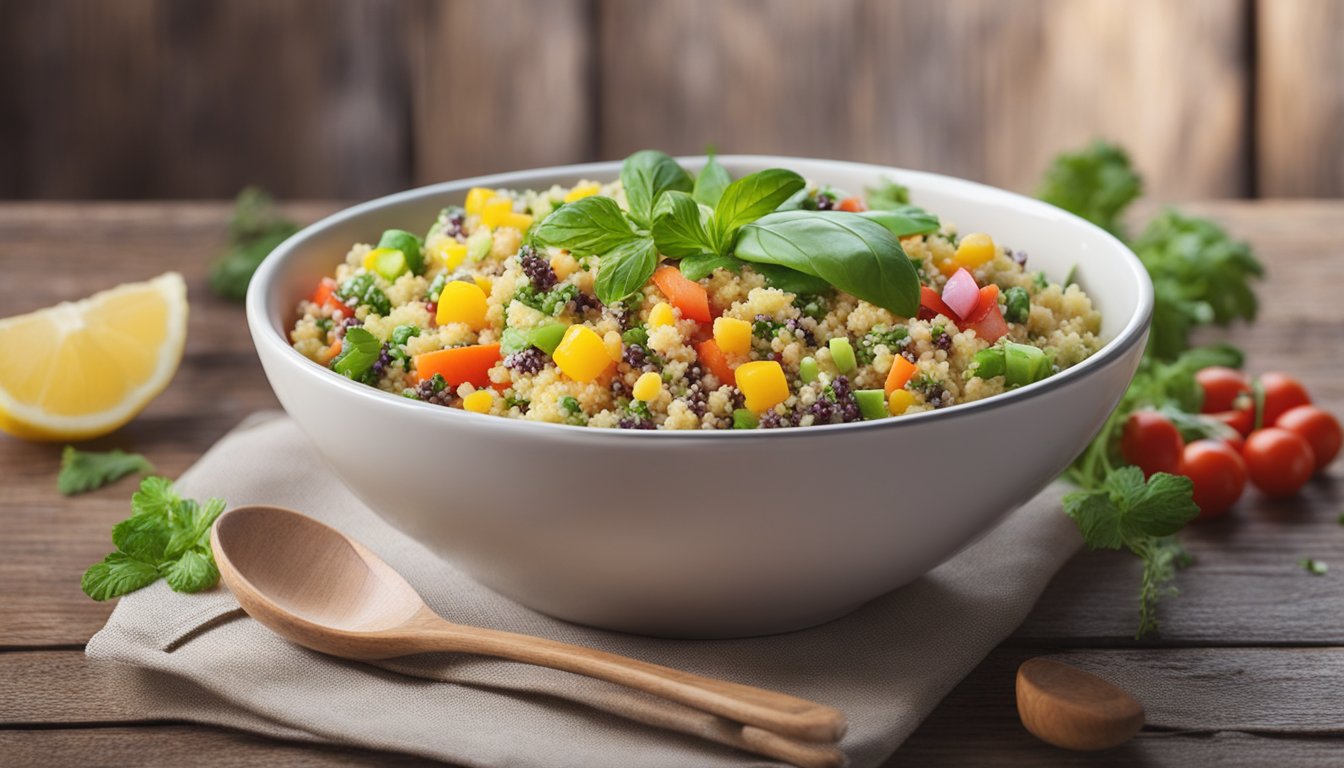 A colorful bowl of quinoa salad with lemon dressing, surrounded by fresh vegetables and herbs, set on a rustic wooden table