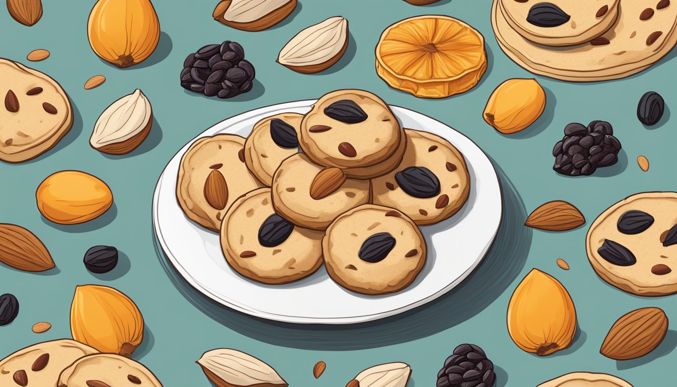 A plate of vegan florentine cookies surrounded by almonds and dried fruit