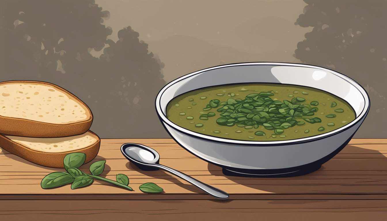 A steaming bowl of lentil soup with spinach, accompanied by a slice of whole grain bread, sits on a rustic wooden table. A spoon rests beside the bowl, ready for the first delicious bite