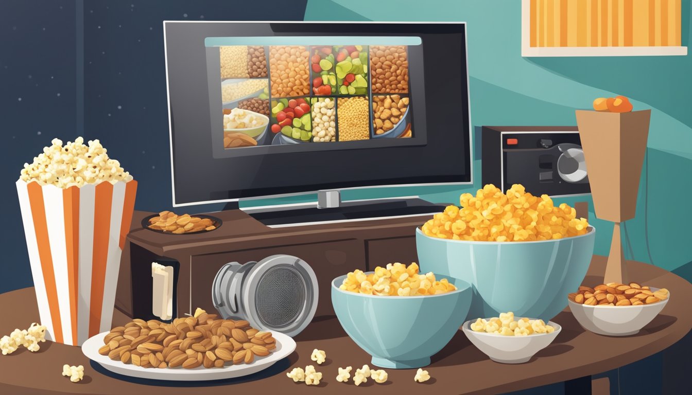 A table with a variety of healthy snack options, such as nuts, veggies, and low-sugar popcorn, displayed next to a movie projector and comfortable seating